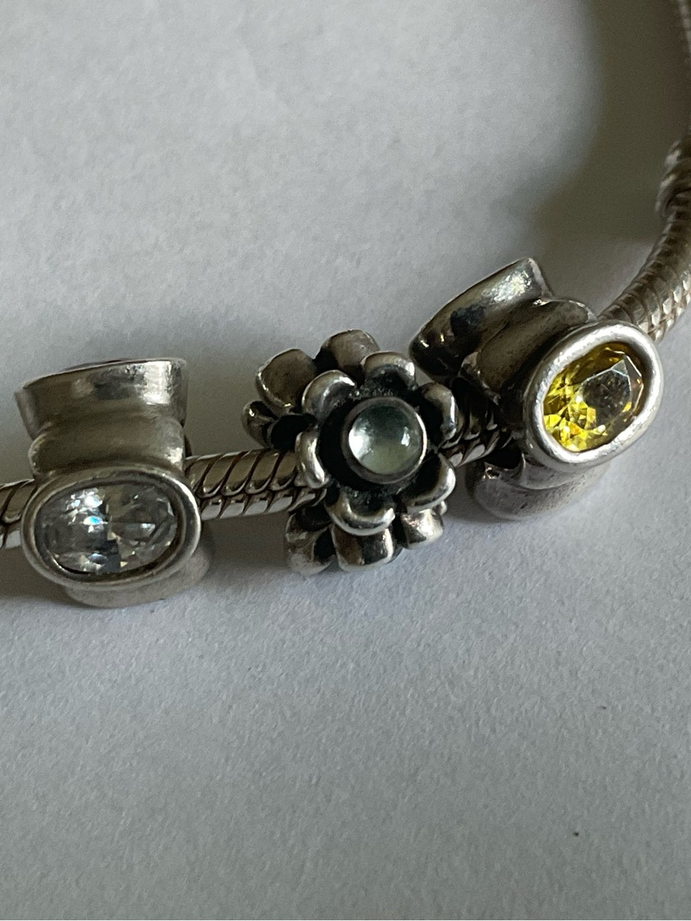 Pandora Sterling Silver Floral Charm Bead with Pale Green, Yellow and Clear Gems